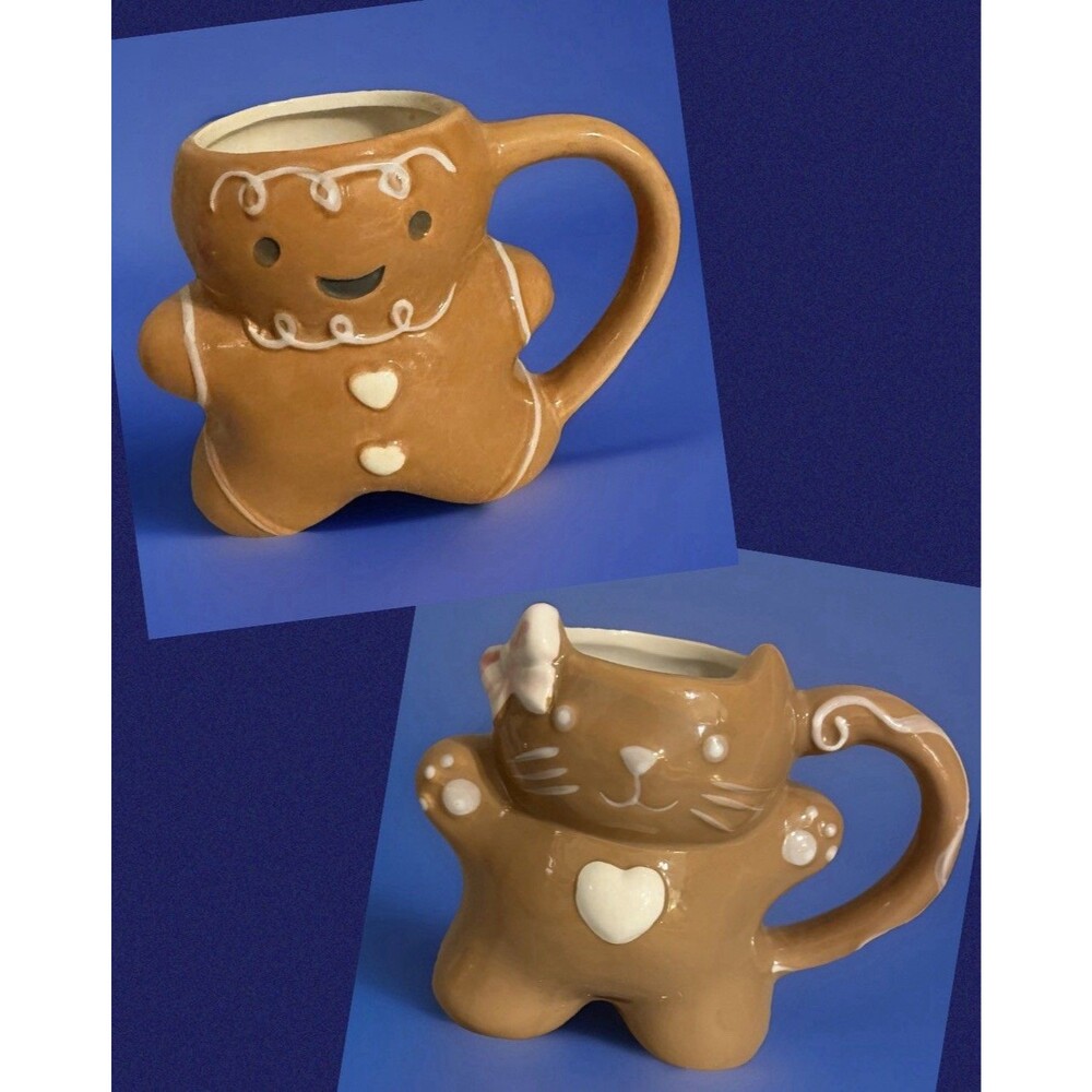 Set of Peppermint & Pine 3D Gingerbread Cat & Man Mugs 16oz Hand-painted